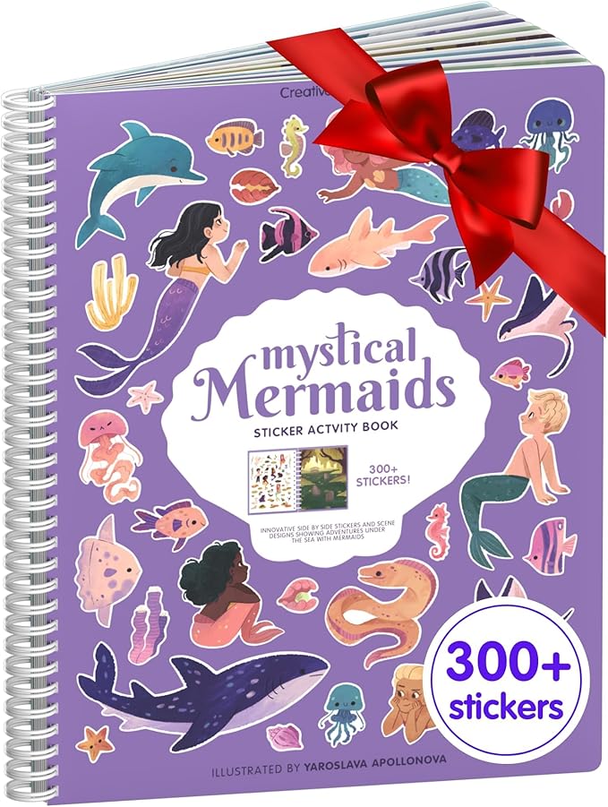 Mermaid Stickers by Cupkin, Toddler Sticker Book for Kids, Fun Toy, Toddler Road Trip Essentials, 300+ Girly Stickers + 8 Sticker Scenes and Coloring Pages, Mermaid Stickers Ages 2+