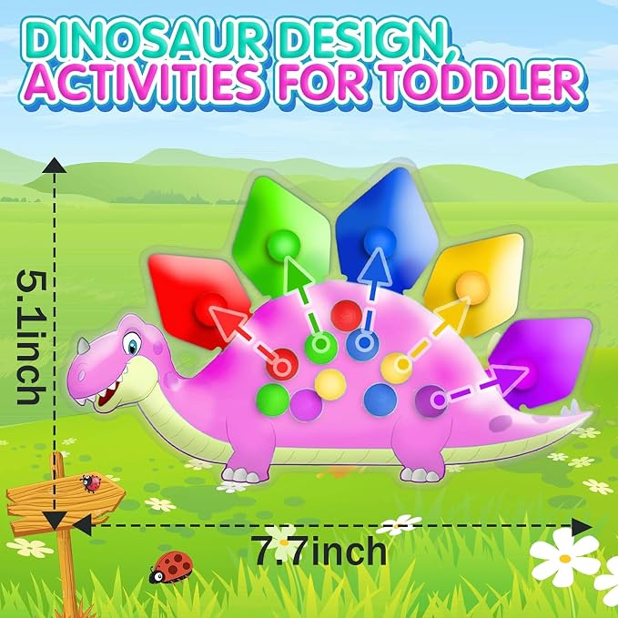 Pink Dinosaur Color Sorting Sensory Toy for Toddler Girls, Montessori Toys Fine Motor Skill Calm Down Fidget for Classroom Activities Aged 2 3 4 Year Old Kid Valentine Easter Basket Stuffers Gifts - Image 2