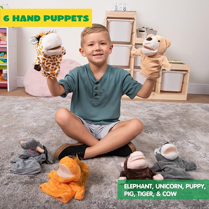 JOYIN 6Pcs Kids Hand Puppet Set with Working Mouth, Toddler Plush Toy Includes Elephant, Giraffe, Lion, Bear, Raccoon and Monkey for Show Theater, Christmas Birthday Gifts for Kid