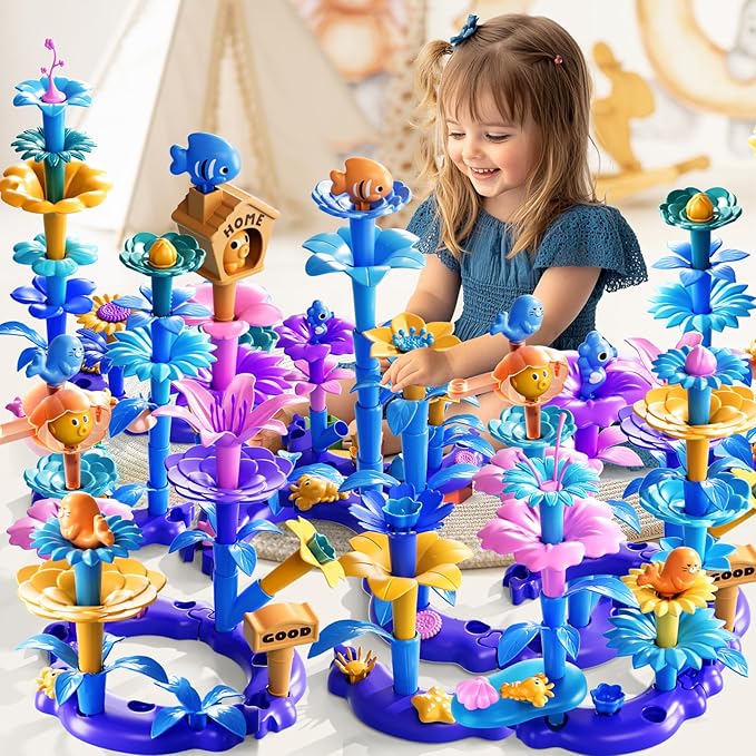 155 Pcs 3 Year Old Girl Gifts,Flower Garden Building Toy Set Toddlers Toys Gifts Best Educational Learning Fine DIY Crafts Stem Construction Stacking Kit,for 3 4 5 6 7 Year Kids Birthday
