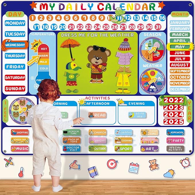 My Daily Calendar Felt Board for Kids Preschool Classroom Calendar 3.5Ft Circle Time Learning Center All About Today Activities Bear Dress Emotion Weather Season Days of the Week for Toddlers Learning by ParaPoro