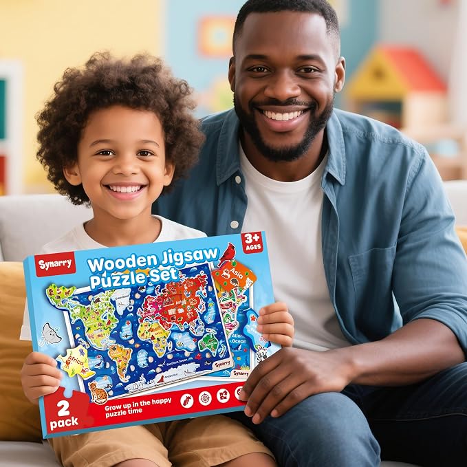 SYNARRY Large USA World Wooden Puzzles for Kids Ages 4-6, Learning United States World Maps Puzles for Kids Ages 6-8, Wood Jigsaw Puzzles Educational Games Toys Gifts for Boys Girls Ages 3-8 - Image 7
