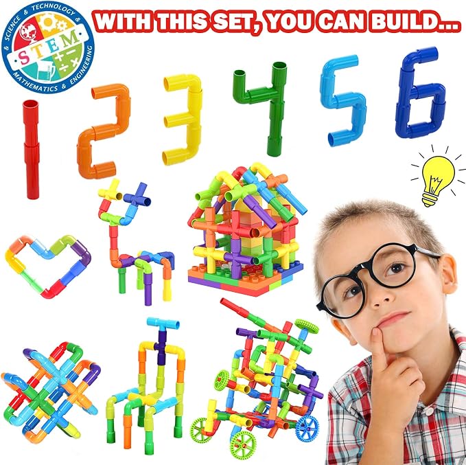 250 Pcs Tubular Pipes & Spout STEAM Interlocking Educational Building Blocks Set, Kids Tube Locks Construction Set with Storage Box, Idea Book, Preschool Educational Toy Gift for Toddlers Age 3+ - Image 4