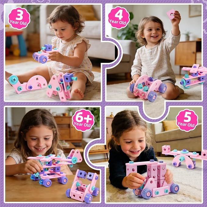 VEAIS Pink Kids Tool Set for Girls,Tool Set with Drill &Toolbox,STEM Montessori Toys for 3 4 5 Year Old,Pretend Play Kid Toy,Educational Construction Toy for 3-6 Year Old Girl,Birthday Gift for Kids - Image 4
