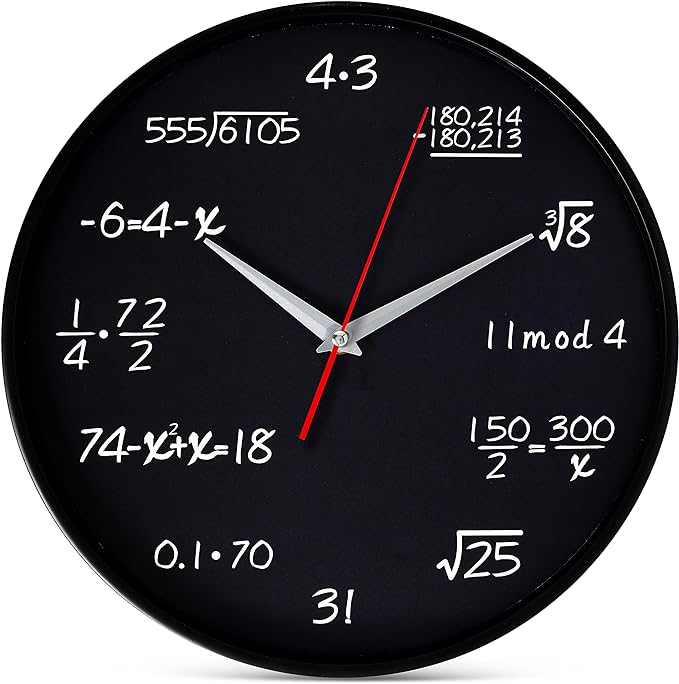 Bernhard Products Math Wall Clock Black 12 Inch Silent Non-Ticking Unique Gift for Teacher/Student/Engineer Graduate Quartz Round Battery Operated, Home Office School Classroom, Mathematical Equations by BernhardProducts