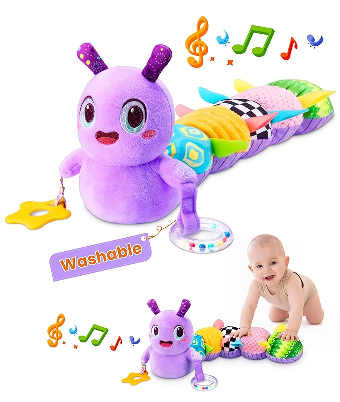Baby Toys 0-6 Months, Washable Baby Musical Caterpillar Toys with 10 Kid's Songs,Rattles,BabyTeething Toys,Suitable for 0-6, 6-12 Months Infant Tummy Time Toy,Newborn Baby Boy&Gril Gifts(Purple)
