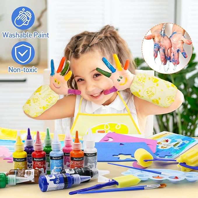 45PCS Kids Washable Finger Paint Kit,12 Colors Non Toxic Finger Paints,Art Painting Supplies for Toddlers - Paper,Brushes,Sponges,Children Drawing Gifts for Kids Boys Girls