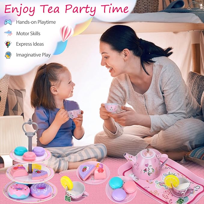 Auney Tea Set Girls Toys 36pcs, Tin Unicorn Tea Party Set Toy Pretend Play Gifts for Little Girls Age 3-6, Kids Toys Gifts for Toddlers Including Carrying Case (Unicorn Toy)