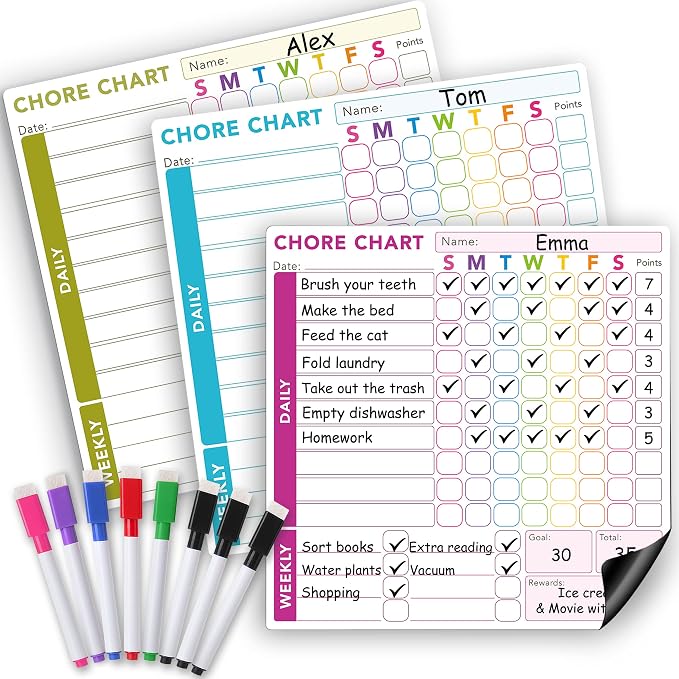 3 Pcs Responsibility Chore Chart Set for Multiple Users, Teens & Adults - Pocket Charts - Fridge Magnetic Whiteboard Set - 3 Individual Dry Erase Organization Charts (10"x10" Each) & 8 Markers by MODERNEAT
