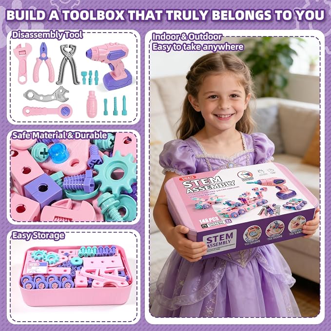 VEAIS Pink Kids Tool Set for Girls,Tool Set with Drill &Toolbox,STEM Montessori Toys for 3 4 5 Year Old,Pretend Play Kid Toy,Educational Construction Toy for 3-6 Year Old Girl,Birthday Gift for Kids - Image 9