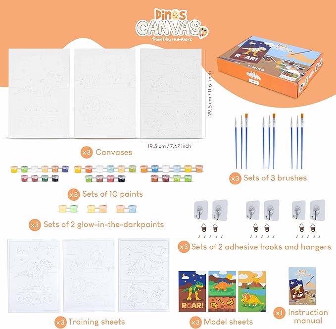 BONNYCO Paint by Numbers Kit for Kids Dinosaurs Pack 3 Canvas. Paint by Number, Canvas Framed Pre Drawn. Dinosaurs Gifts for Boys, Arts and Kids Crafts 4-6 8-12. Pintar por Numeros, Dino Craft