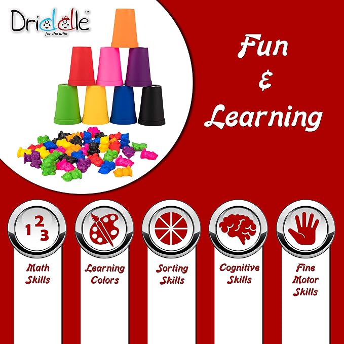 Driddle Colorful Counting Bears with Matching Cups - 80 Bears - Sort, Count & Color Recognition Learning Toy for Toddler & Kids - Montessori Education - Preschool Game - Image 2