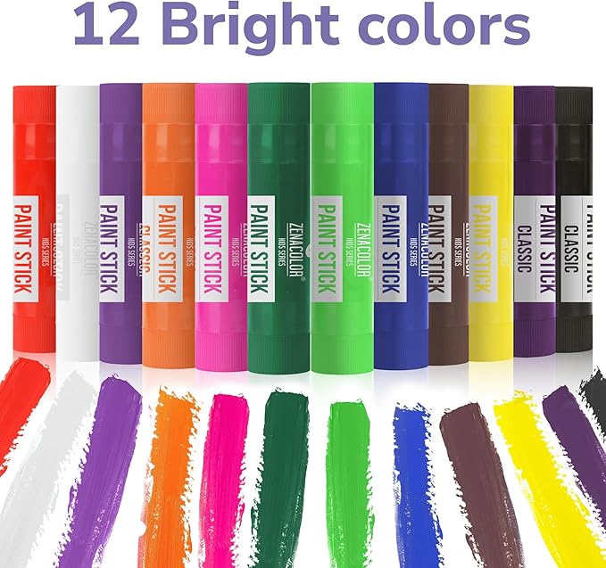 Zenacolor Tempera Paint Sticks - 12 Colors Kids Paints - Non-Toxic Washable Paint Sticks for Kids - Mess Free Quick Drying Art Supplies for Toddlers