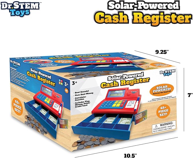Dr. STEM Toys Solar Powered Calculator Pretend Cash Register with Play Money – 67-Piece Set for Learning Math Skills, STEM Cash Register for Kids, Red - Image 2