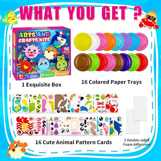 16 Pack Arts and Crafts for Kids, Toddler Crafts Animal Paper Plate Art Kit Gift for 3 4 5 6 Year Old Boys Girls DIY Kids for Birthday Party Favor Preschool Classroom Party Games