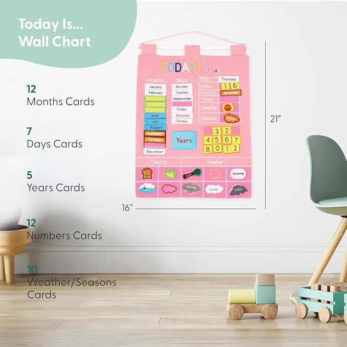 The Peanutshell Learning Calendar Wall Chart - Homeschool Supplies, Interactive Pocket Chart for Toddlers & Kids - Preschool Learning Activity Board, Circle Time Board for Classroom - Pink Today is - Image 2