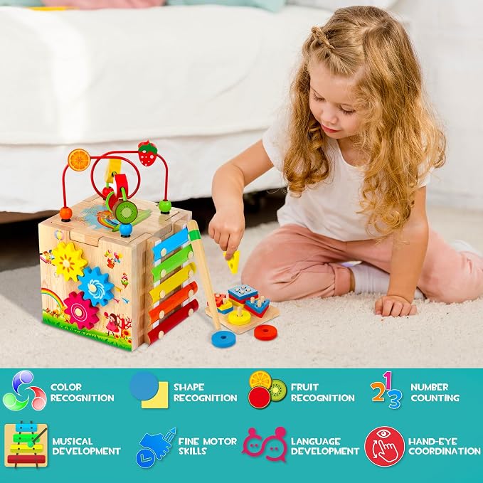 HELLOWOOD 8-in-1 Wooden Activity Cube for Kids, Sorting & Stacking Toys - Image 6