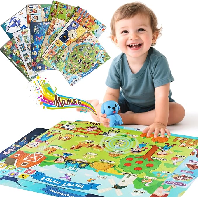 Learning Poster Mat with Talking Pen for Preschool Early Education Learning Toys, Talking Posters for Kids Grandkids, Interactive Reader Dog Sensory Autism Toys for Birthday Gifts by LearningThroughPlay