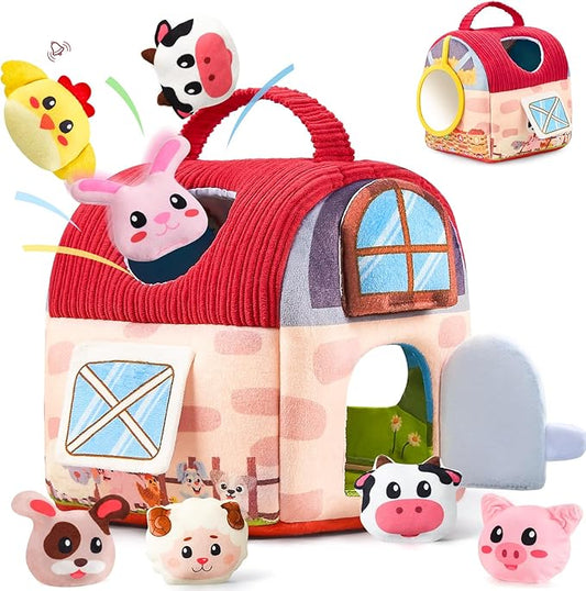 Baby Girl Toys 6-12 Months, Surprise Barn with 12 PCS Stuffed Farm Animals, Montessori Sensory Developmental Learning Toys for 6-12 Months, Ideals 6 7 8 9 Month Old Baby Boy Girl Gifts Toy
