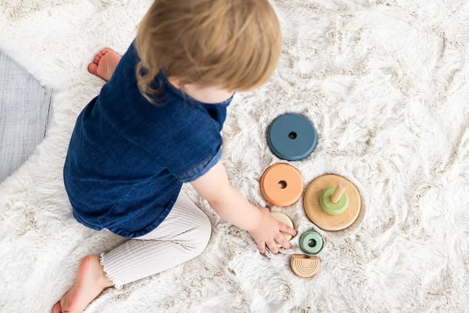 Pearhead Wooden Rainbow Stacking Ring Toy, Montessori Baby Stacker - Image 5