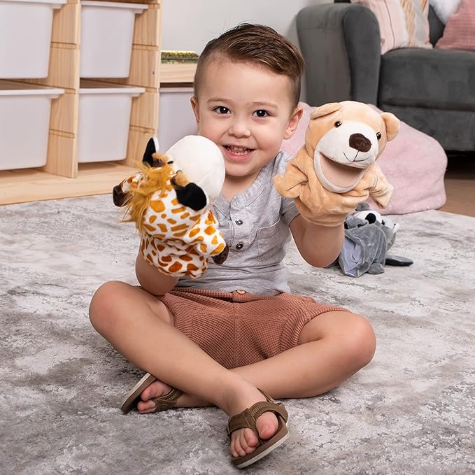 JOYIN 6Pcs Kids Hand Puppet Set with Working Mouth, Toddler Plush Toy Includes Elephant, Giraffe, Lion, Bear, Raccoon and Monkey for Show Theater, Christmas Birthday Gifts for Kid