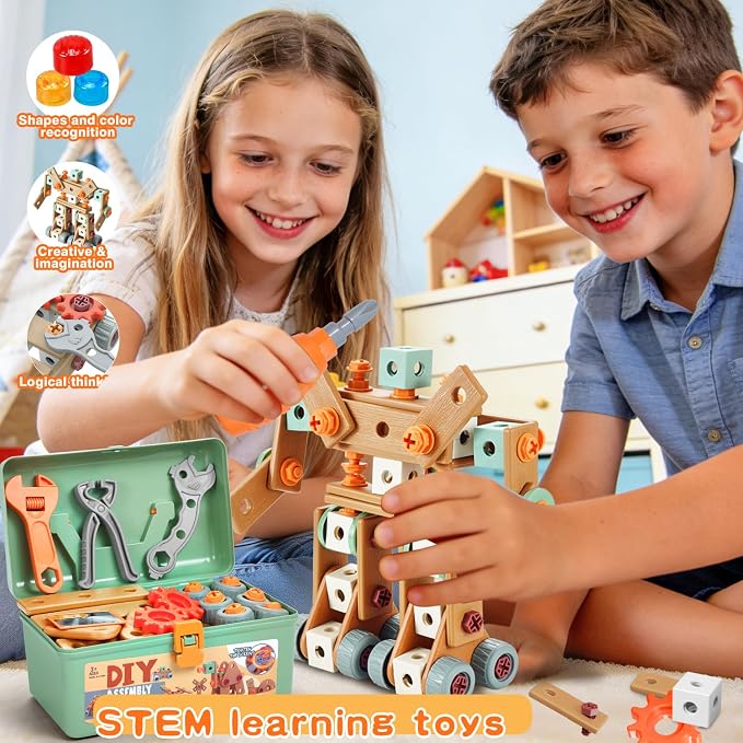 VEAIS Kids Tool Set,135Pcs Tool Set with Toolbox,Educational Montessori Toys,STEM Pretend Play Construction Toys for 3 4 5 Year Old,ABS Plastic Repair Toolkit for 3-6 Year Old Boy,Best Birthday Gift - Image 6