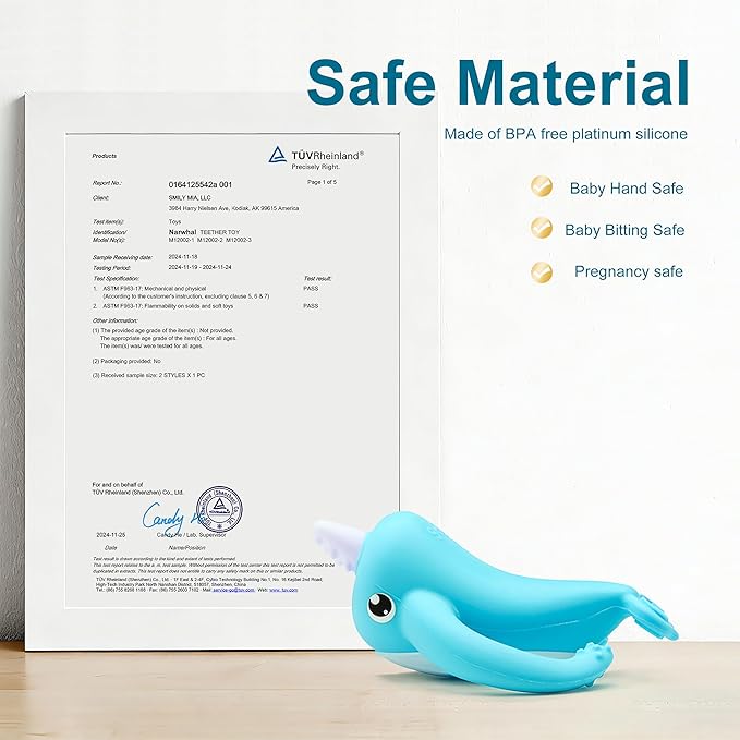 Smily Mia Narwhal Silicone Baby Teething Toys for 3-6 6-12 Months, Teething Relief Toys, Food Grade Silicone Teether Baby Toys, Sensory Toys for Teething Babies, Baby Essential, BPA Free, Blue