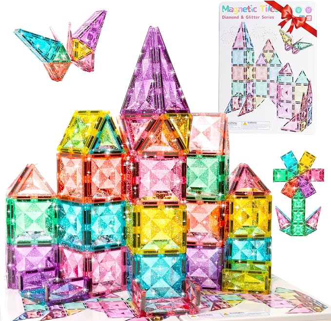 WMXDU Large Pastel Magnetic Tiles: Glitter Diamond Castle Building Set by WMXDU