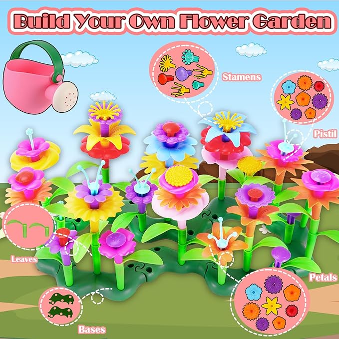 FUNZBO 99pcs Flower Garden Building Toys Set -Christmas Spring Toys for 3 4 5 6 7 8 9 Years Old Girls, STEM Montessori Educational Toys for Toddlers Kids,Sorting & Stacking Toy for Birthday Gifts
