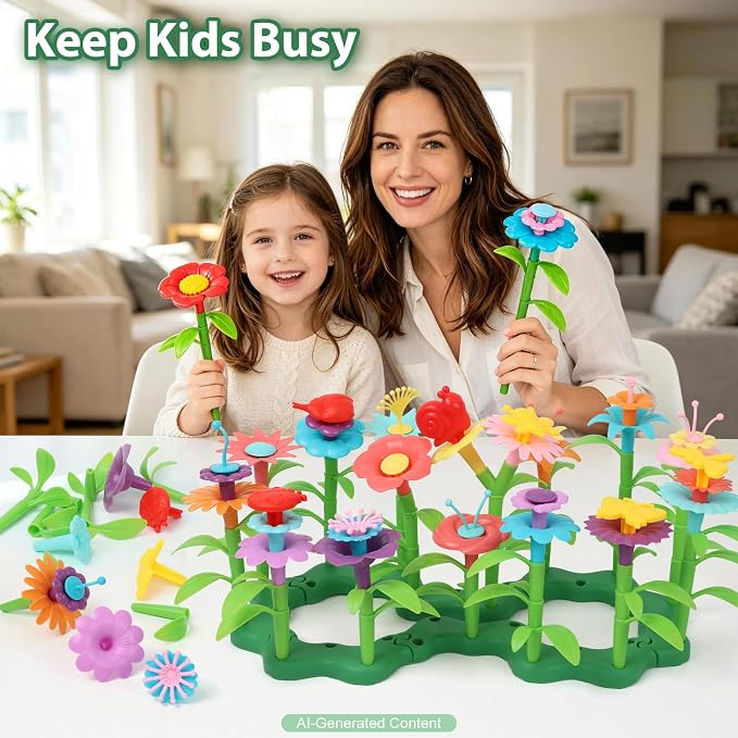 IQKidz Toddler Toys for Girls 2-4 Years Old, Flower Garden Building with Insect Features, Storage Box for Kids Age 3 5 6 7 8, Stacking Educational Preschool Learning STEM Activities 157 pcs - Image 5