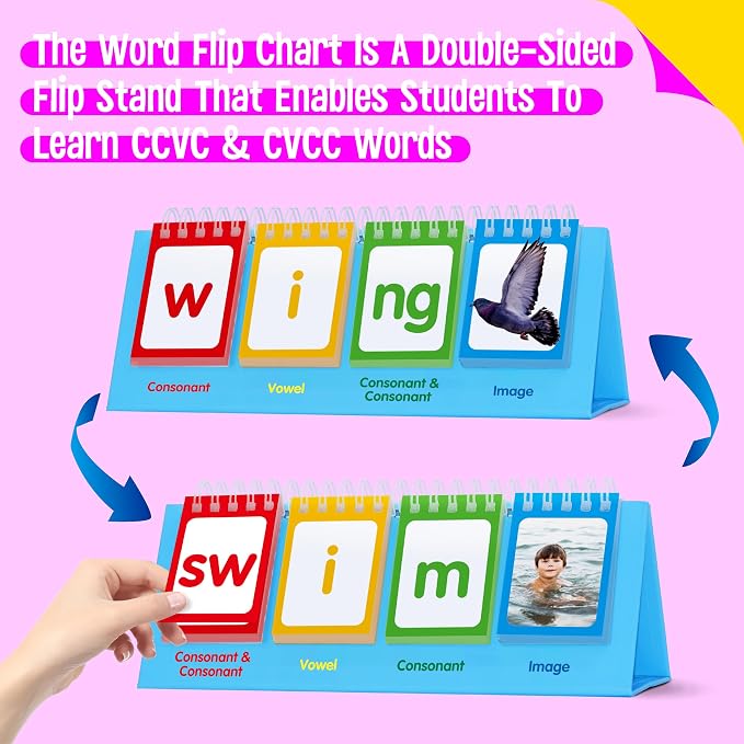 CVCC & CCVC Flip Charts, 40 Words Builder Phonic Games Freestanding Flip Chart Manipulative Spelling Toy Educational Learning Tool for Student Teacher School Supplies - Image 2
