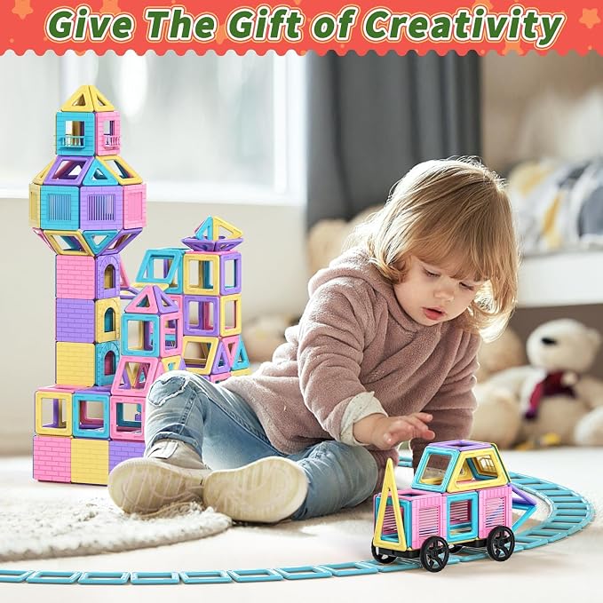Rurvale 100Pcs Magnetic Tiles, Magnet Blocks for 3 4 5 6 7 8 Year Old Boys Girls, Learning Educational STEM Toys for Toddlers 3-5, 4-8, Building Blocks for Kids Ages 3+ Birthday Gifts - Image 4