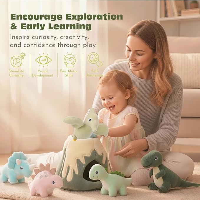 Baby Toys 6-12 Months – My Little Volcano with 5 Stuffed Dinosaurs, Montessori Toy with Rattle, Crinkle, Squeaker, Sensory Toys for Toddlers 1-3, Early Development Christmas Birthday Gift