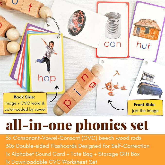 LITTLE BUD KIDS Spin-and-Read Montessori Phonetic Reading Blocks with CVC Phonics Flashcards for Beginner Readers, Montessori Reading Wooden Toys for 3 Years + - Image 3