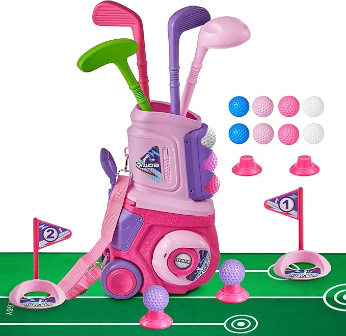PJG Toddler Golf Set with Mat, Plastic Kids Golf Clubs 3-5 with 4 Golf Clubs and 10 Balls, Indoor and Outdoor Golf Toys with Cart for Toddlers Boys and Girls Aged 1 2 3 4 5 Years Old Birthday (Pink)