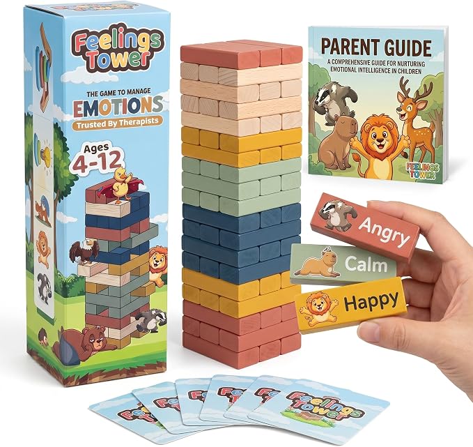 Feelings Tower Therapy Games for Kids & Teens - Social Emotional Learning Toy, 48 Emotion Cards & Animal Stacking Blocks - Play Therapy Toys, SEL & Social Skills Games for Kids, Counseling - Earth by Unknown