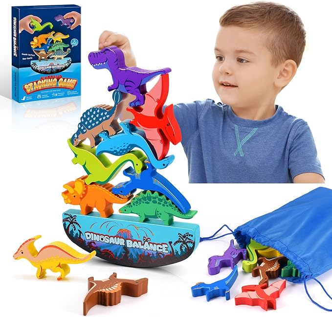 IPOURUP Dinosaur Toys for Kids 3-5: Wooden Stacking Montessori Toys for 3 4 5 6 7 8 Year Old Boys Girls Birthday Gifts for Kid Ages 4-8 Balance Competition Game for Family Stocking Stuffers by IPOURUP