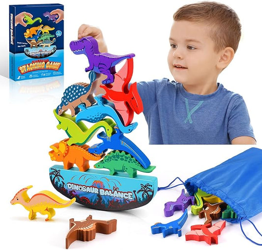IPOURUP Dinosaur Toys for Kids 3-5: Wooden Stacking Montessori Toys for 3 4 5 6 7 8 Year Old Boys Girls Birthday Gifts for Kid Ages 4-8 Balance Competition Game for Family Stocking Stuffers by IPOURUP