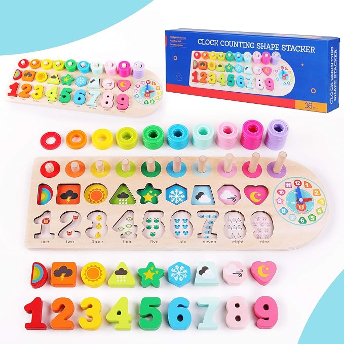 QZMTOY Preschool Educational Learning Montessori Toys for Kids, Toddler Puzzles Number Shape Sorter Counting Stacker with Clock Weather, Boys Girls Activities Math Game Gift for Age 3 4 5 Years by QZMTOY