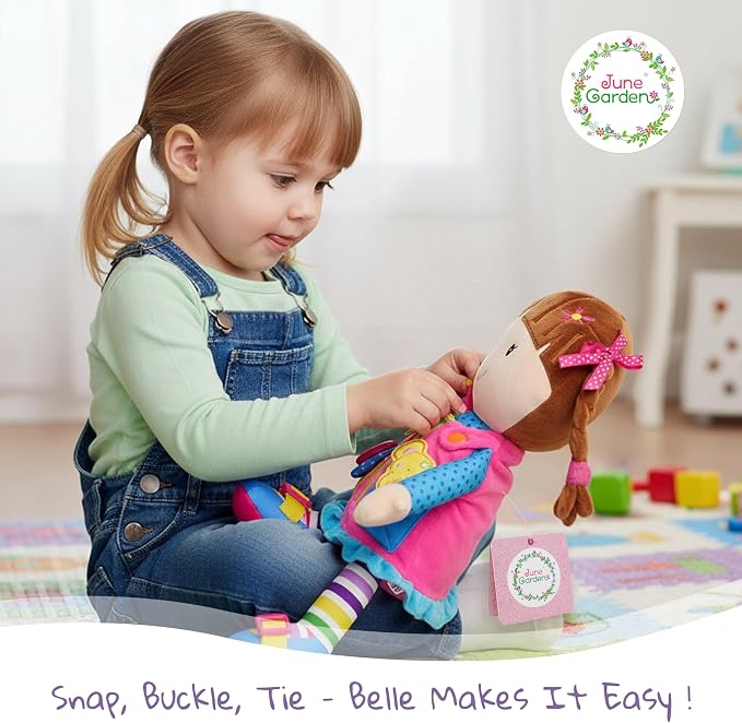 June Garden 15.5" Dressy Friends Belle - Educational Stuffed Plush Doll for Kids and Toddlers 2 Years and Up - Montessori Buckle Soft Toy - Image 3
