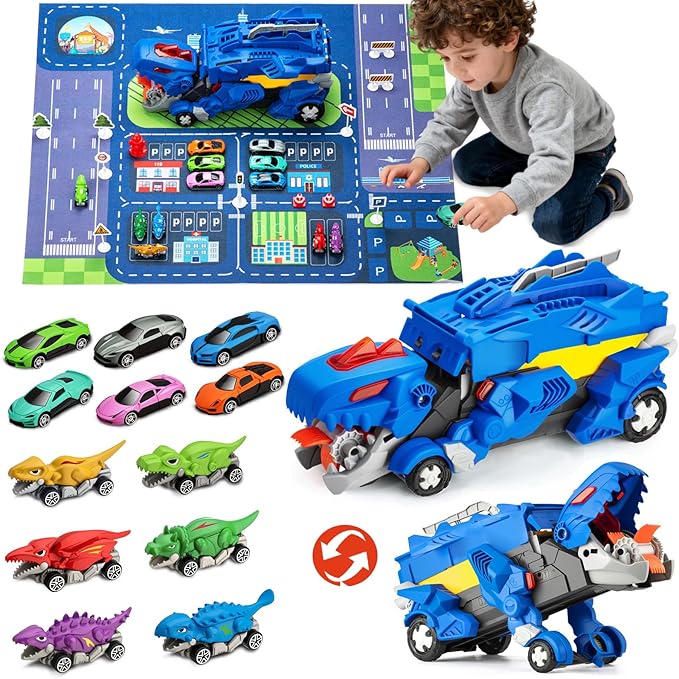 Dinosaur Toys Car for Kids 3-8 Year Old Boy Gift, Toddler Toys for 3 4 5 6 Years Old Boys & Girls Transport Dino Truck with 12 mini Cars & City Map Birthday for Kids