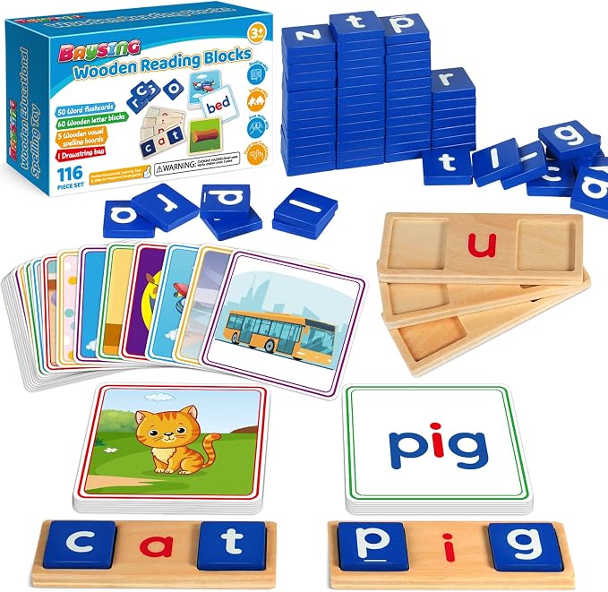 Learning Toys for 3 4 5 Years Old Kids - 116Pcs Short Vowel Letters Sorting Spelling Reading Toy Set with Double-Sided Flash Cards, Preschool Kindergarten Learning Activities Toy for Boys Girls by BAYSING