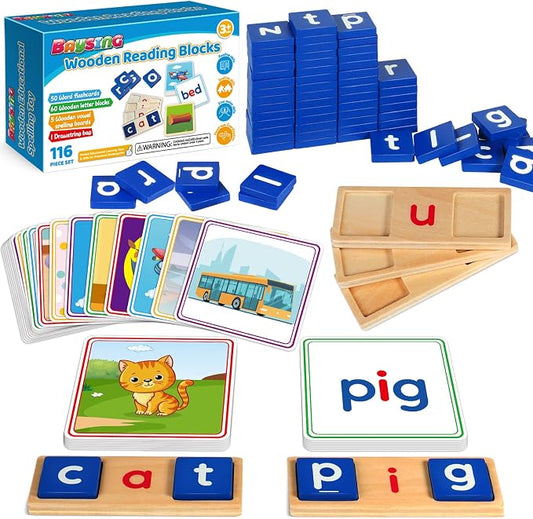 Learning Toys for 3 4 5 Years Old Kids - 116Pcs Short Vowel Letters Sorting Spelling Reading Toy Set with Double-Sided Flash Cards, Preschool Kindergarten Learning Activities Toy for Boys Girls by BAYSING