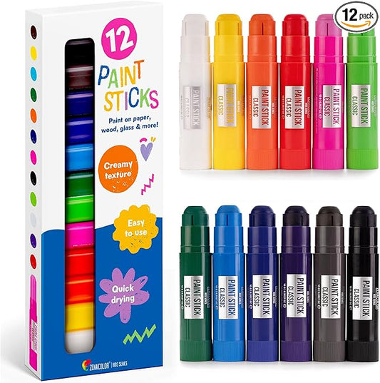 Zenacolor Tempera Paint Sticks - 12 Colors Kids Paints - Non-Toxic Washable Paint Sticks for Kids - Mess Free Quick Drying Art Supplies for Toddlers