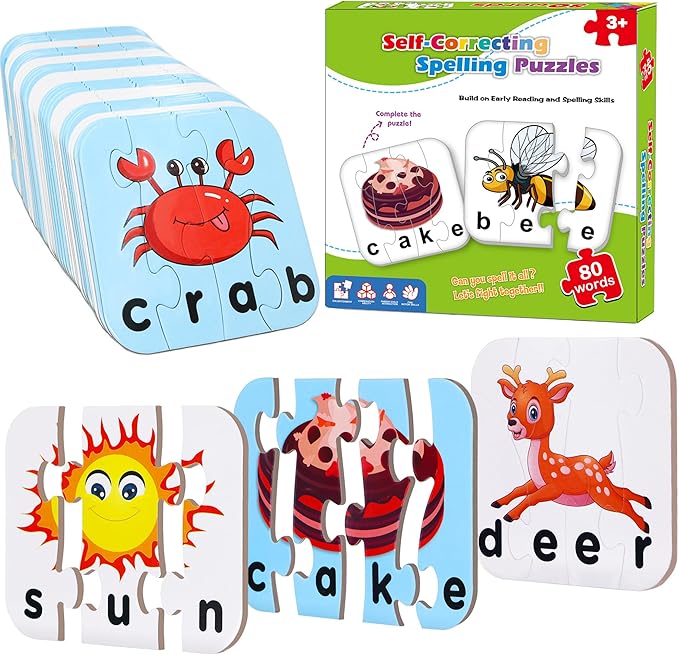 80 Words Self-Correcting Spelling Puzzles, Double-Sided Three and Four Letter Words with Matching Images, Perfect for Kids Age 3+ Year Old by Resumplan
