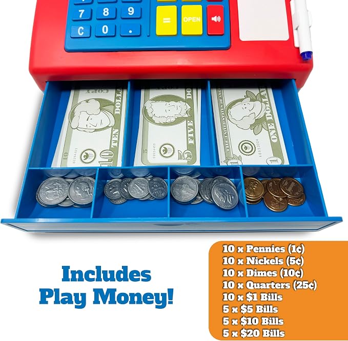 Dr. STEM Toys Solar Powered Calculator Pretend Cash Register with Play Money – 67-Piece Set for Learning Math Skills, STEM Cash Register for Kids, Red - Image 5