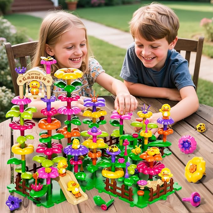 Flower Garden Building Toys for Toddler 3 4 5 6 7 Years Old, 119Pcs DIY Stacking Toys with Storage Box, Kids STEM Preschool Educational Toy, Christmas Birthday Gift for Girls Ages 3-5