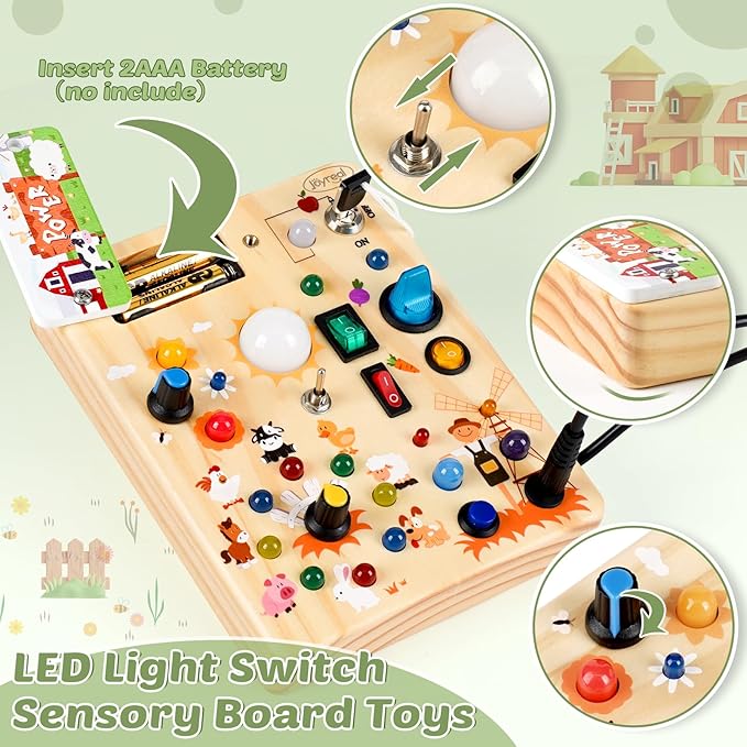 Joyreal Wooden Busy Board with LED Light, Montessori Toddler Toys, Wooden Sensory Board, Toddlers Activity Travel Toys for Boy & Girl Birthday Gift (Farm Theme)