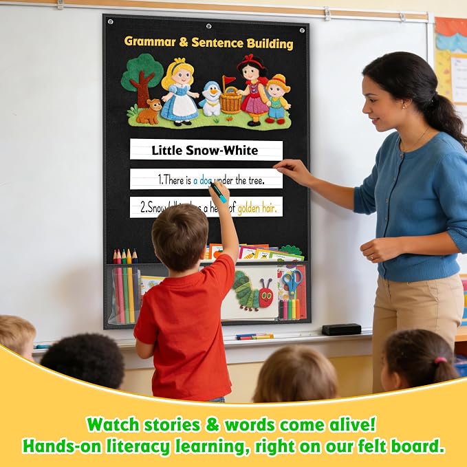 AKAYOK 24"x36" Felt Board for Classroom & Home - Flannel Story Board with Magnets, Transparent Pocket & 30 Self Adhesive Dots | Interactive Learning, Visual Schedule, Storytelling for Teachers & Kid - Image 4