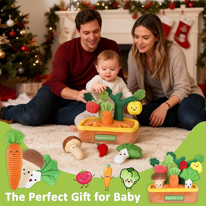 Baby Toys for 6-12 Months, Fruits Vegetables Plush Montessori Toys, Color Shape Sorting Crinkle Rattle Textures Sensory Toy, Fine Motor Skills Christmas Baby Gift for 0+ Boys Girls